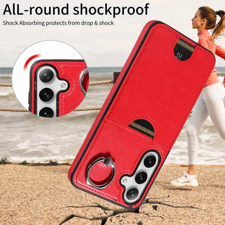 For Samsung Galaxy S24+ 5G Calf Texture Card Slot Ring Holder Phone Case(Red)