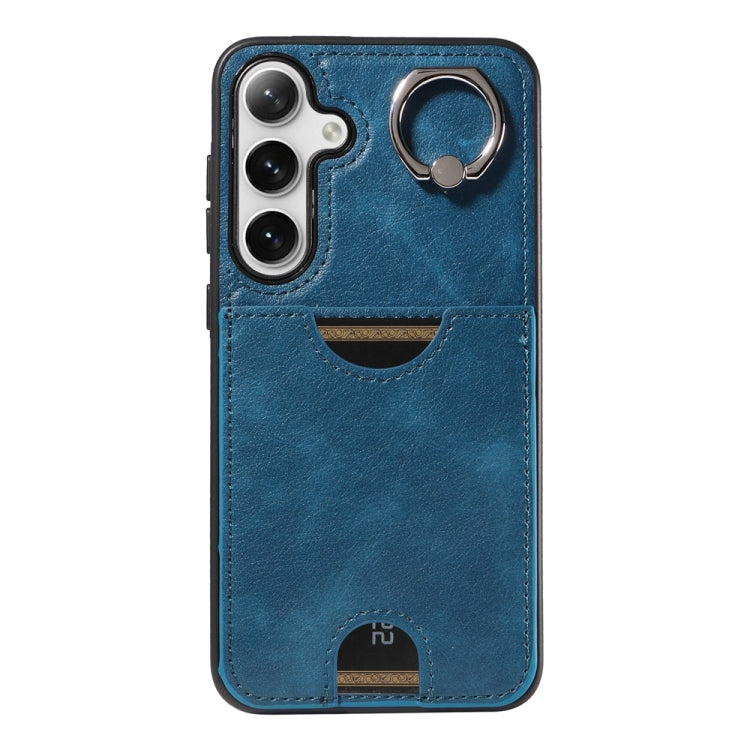For Samsung Galaxy S24+ 5G Calf Texture Card Slot Ring Holder Phone Case(Blue)