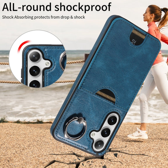 For Samsung Galaxy S24+ 5G Calf Texture Card Slot Ring Holder Phone Case(Blue)