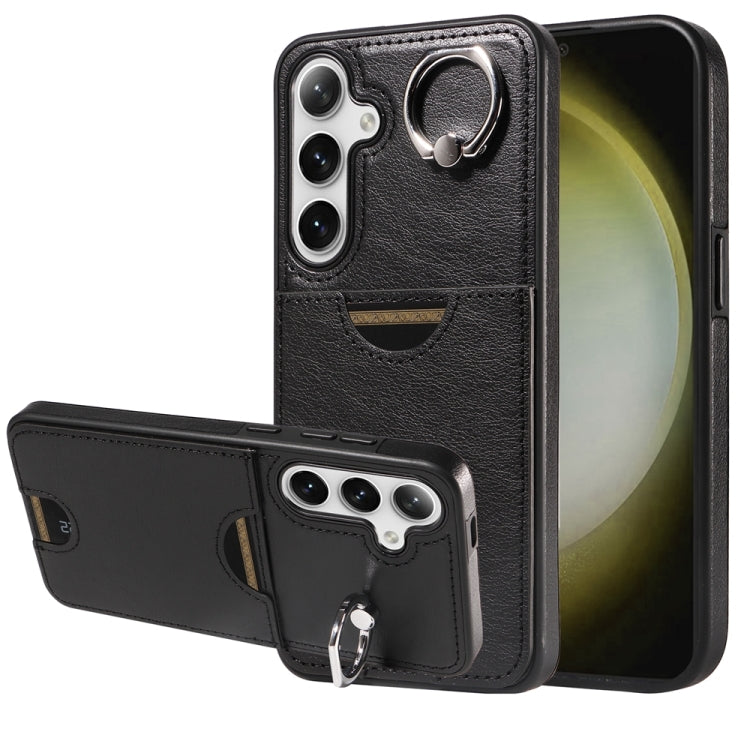 For Samsung Galaxy S24+ 5G Calf Texture Card Slot Ring Holder Phone Case(Black)