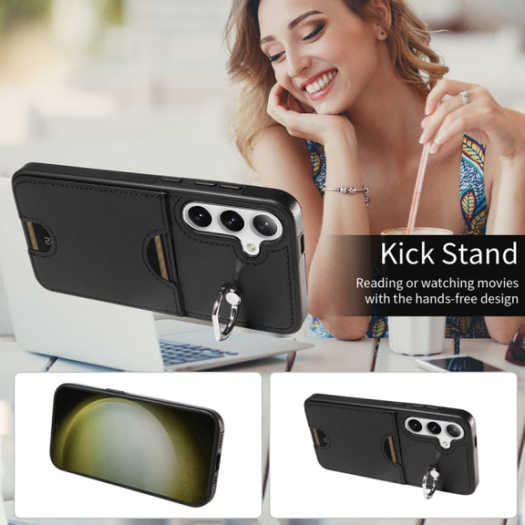 For Samsung Galaxy S24+ 5G Calf Texture Card Slot Ring Holder Phone Case(Black)