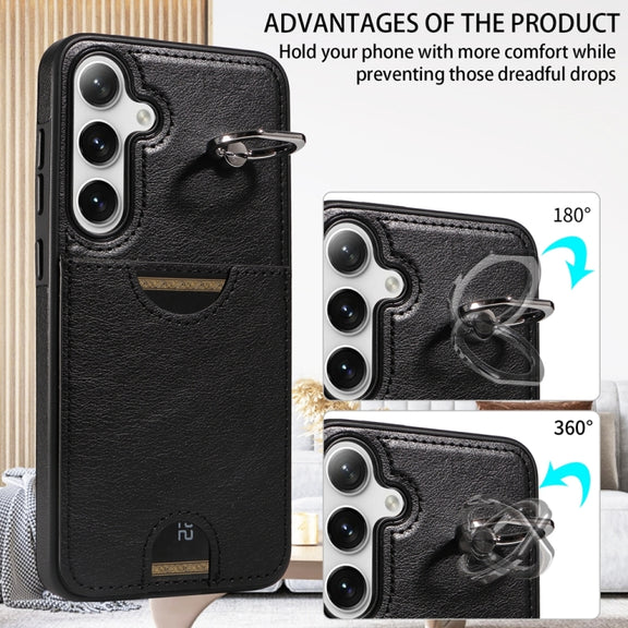 For Samsung Galaxy S24+ 5G Calf Texture Card Slot Ring Holder Phone Case(Black)
