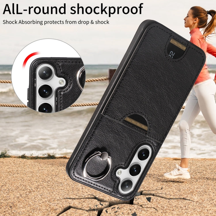 For Samsung Galaxy S24+ 5G Calf Texture Card Slot Ring Holder Phone Case(Black)