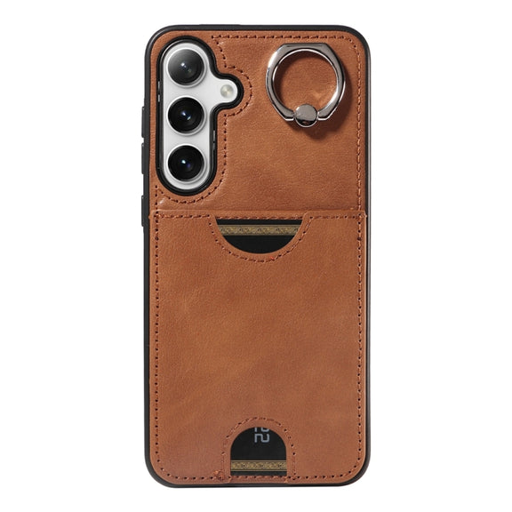 For Samsung Galaxy S24+ 5G Calf Texture Card Slot Ring Holder Phone Case(Brown)