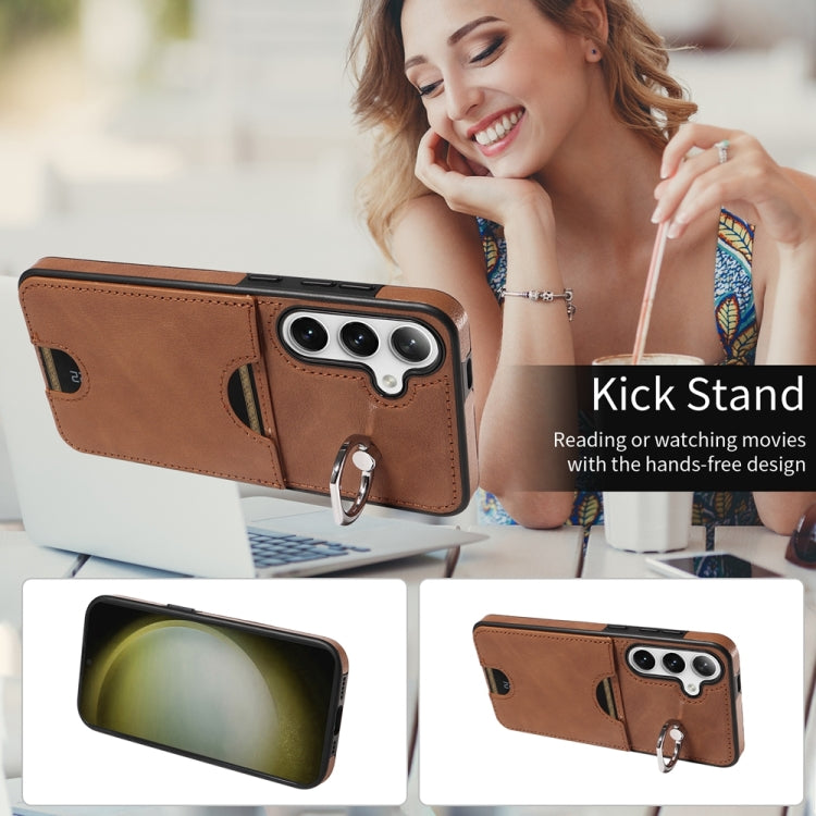 For Samsung Galaxy S24+ 5G Calf Texture Card Slot Ring Holder Phone Case(Brown)