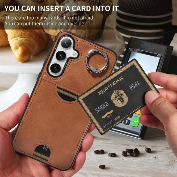 For Samsung Galaxy S24+ 5G Calf Texture Card Slot Ring Holder Phone Case(Brown)