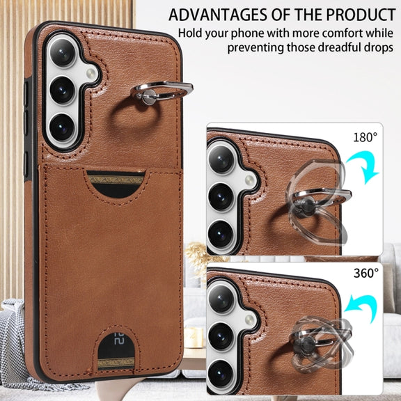 For Samsung Galaxy S24+ 5G Calf Texture Card Slot Ring Holder Phone Case(Brown)