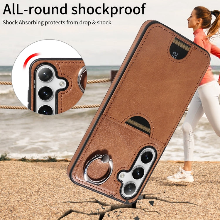 For Samsung Galaxy S24+ 5G Calf Texture Card Slot Ring Holder Phone Case(Brown)