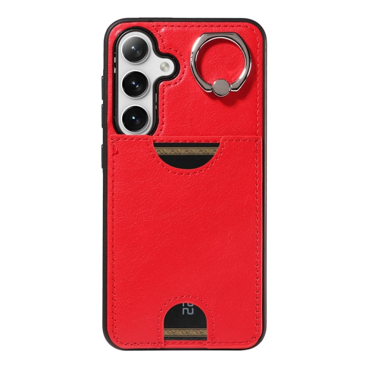 For Samsung Galaxy S24 5G Calf Texture Card Slot Ring Holder Phone Case(Red)