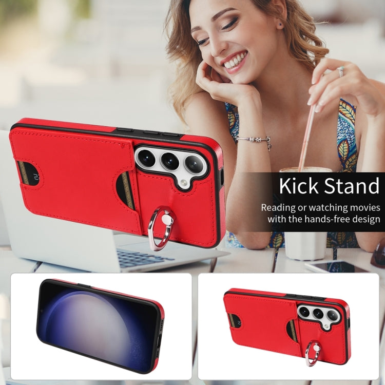 For Samsung Galaxy S24 5G Calf Texture Card Slot Ring Holder Phone Case(Red)