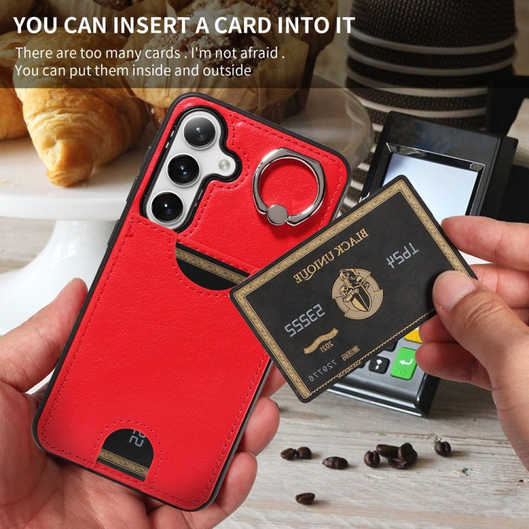 For Samsung Galaxy S24 5G Calf Texture Card Slot Ring Holder Phone Case(Red)