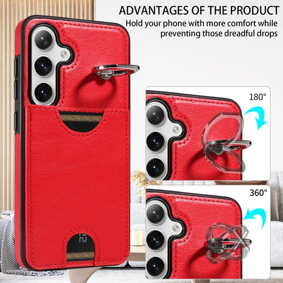 For Samsung Galaxy S24 5G Calf Texture Card Slot Ring Holder Phone Case(Red)