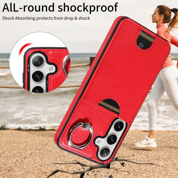 For Samsung Galaxy S24 5G Calf Texture Card Slot Ring Holder Phone Case(Red)