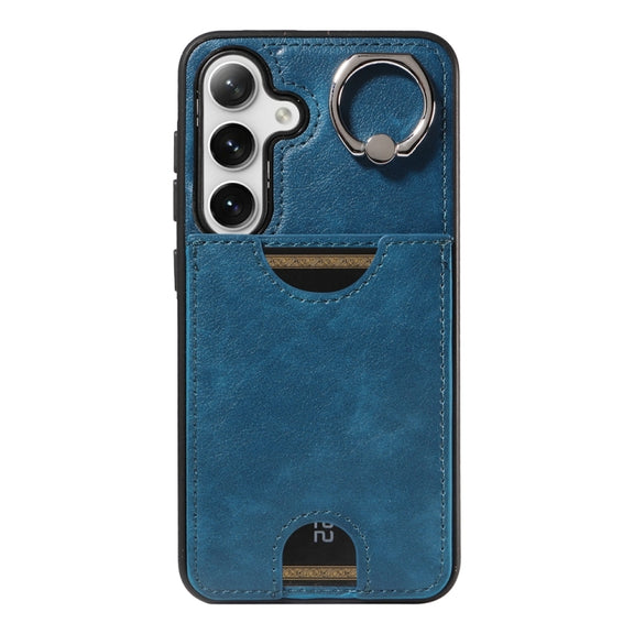 For Samsung Galaxy S24 5G Calf Texture Card Slot Ring Holder Phone Case(Blue)