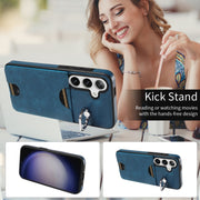 For Samsung Galaxy S24 5G Calf Texture Card Slot Ring Holder Phone Case(Blue)