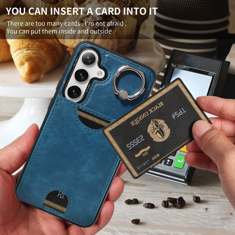 For Samsung Galaxy S24 5G Calf Texture Card Slot Ring Holder Phone Case(Blue)