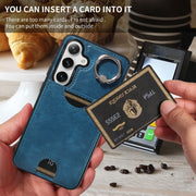 For Samsung Galaxy S24 5G Calf Texture Card Slot Ring Holder Phone Case(Blue)