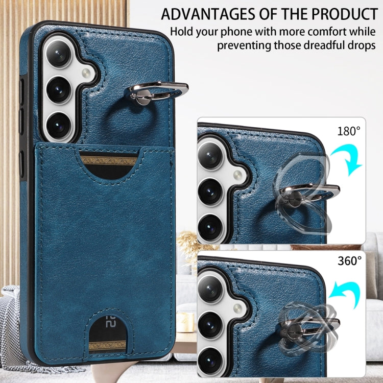 For Samsung Galaxy S24 5G Calf Texture Card Slot Ring Holder Phone Case(Blue)