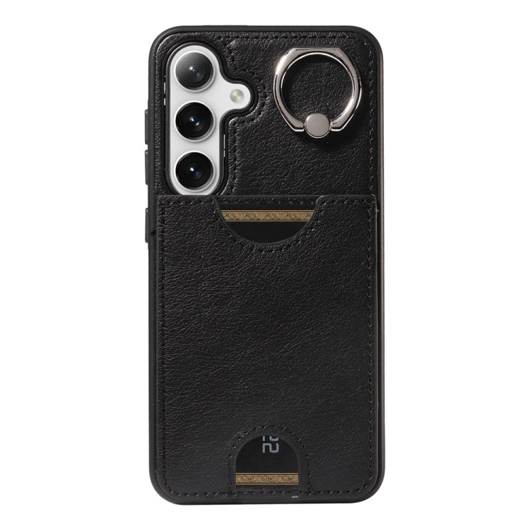 For Samsung Galaxy S24 5G Calf Texture Card Slot Ring Holder Phone Case(Black)