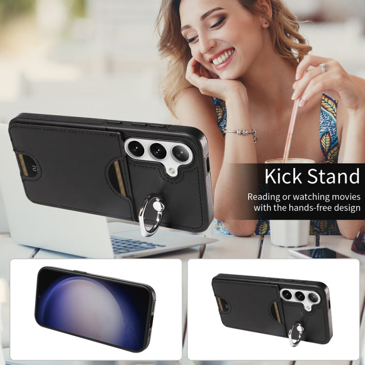 For Samsung Galaxy S24 5G Calf Texture Card Slot Ring Holder Phone Case(Black)