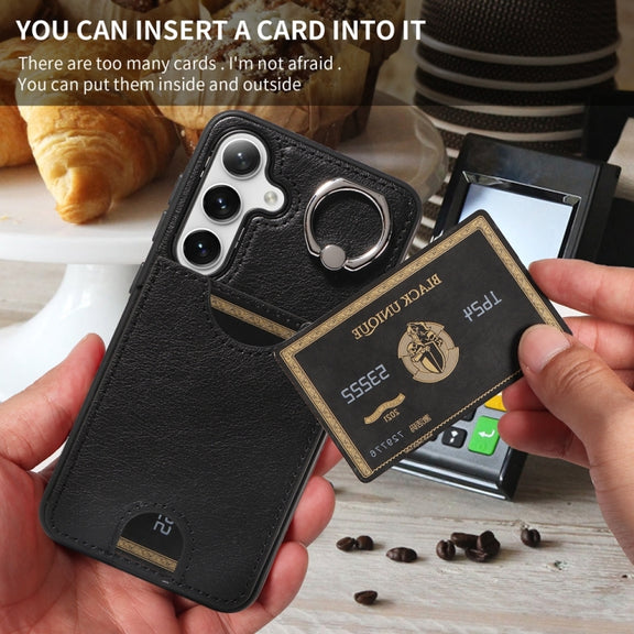 For Samsung Galaxy S24 5G Calf Texture Card Slot Ring Holder Phone Case(Black)