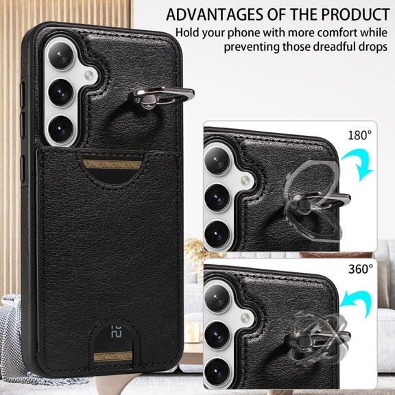 For Samsung Galaxy S24 5G Calf Texture Card Slot Ring Holder Phone Case(Black)