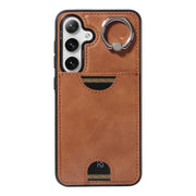 For Samsung Galaxy S24 5G Calf Texture Card Slot Ring Holder Phone Case(Brown)