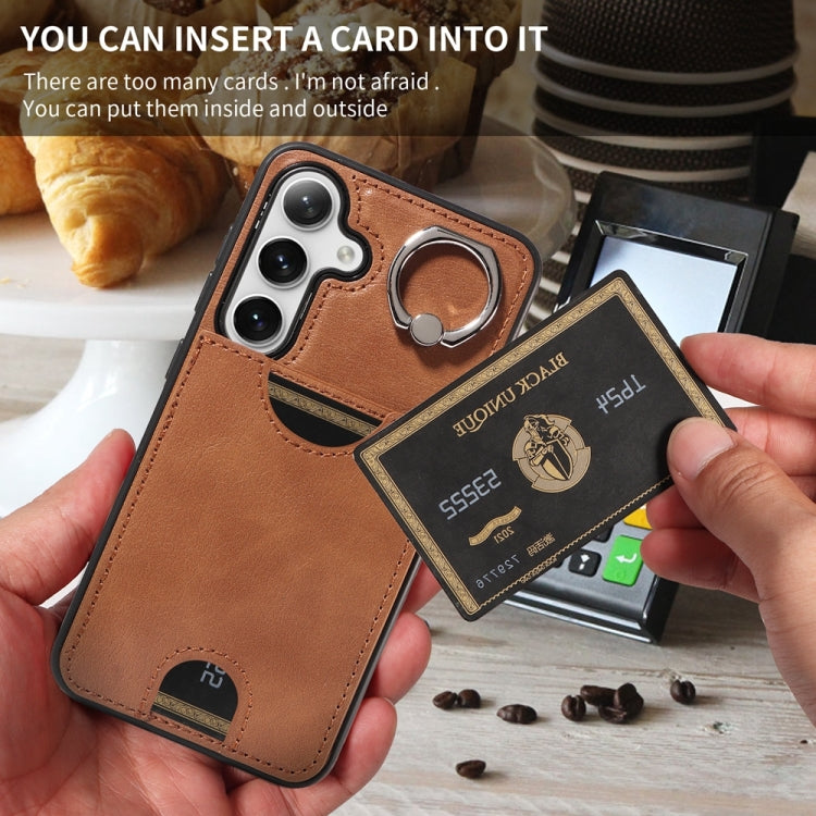 For Samsung Galaxy S24 5G Calf Texture Card Slot Ring Holder Phone Case(Brown)