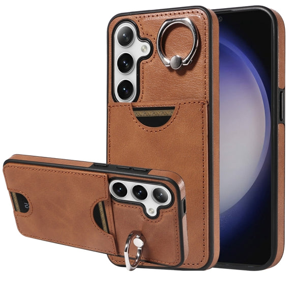 For Samsung Galaxy S24 5G Calf Texture Card Slot Ring Holder Phone Case(Brown)