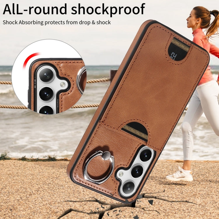 For Samsung Galaxy S24 5G Calf Texture Card Slot Ring Holder Phone Case(Brown)