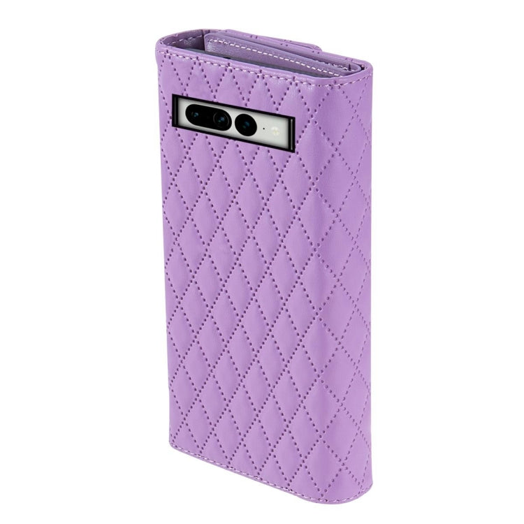For Google Pixel 8 Zipper Multi-Card Wallet Rhombic Leather Phone Case(Purple)