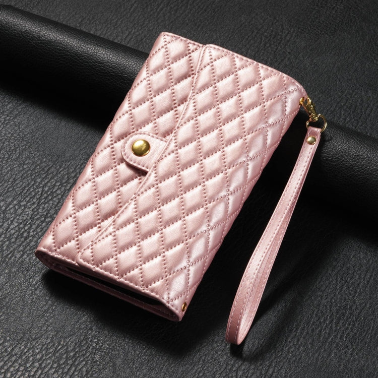 For Google Pixel 7 Zipper Multi-Card Wallet Rhombic Leather Phone Case(Rose Gold)