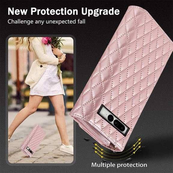For Google Pixel 7 Zipper Multi-Card Wallet Rhombic Leather Phone Case(Rose Gold)