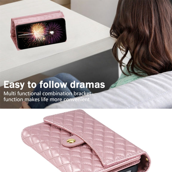 For Google Pixel 7 Zipper Multi-Card Wallet Rhombic Leather Phone Case(Rose Gold)
