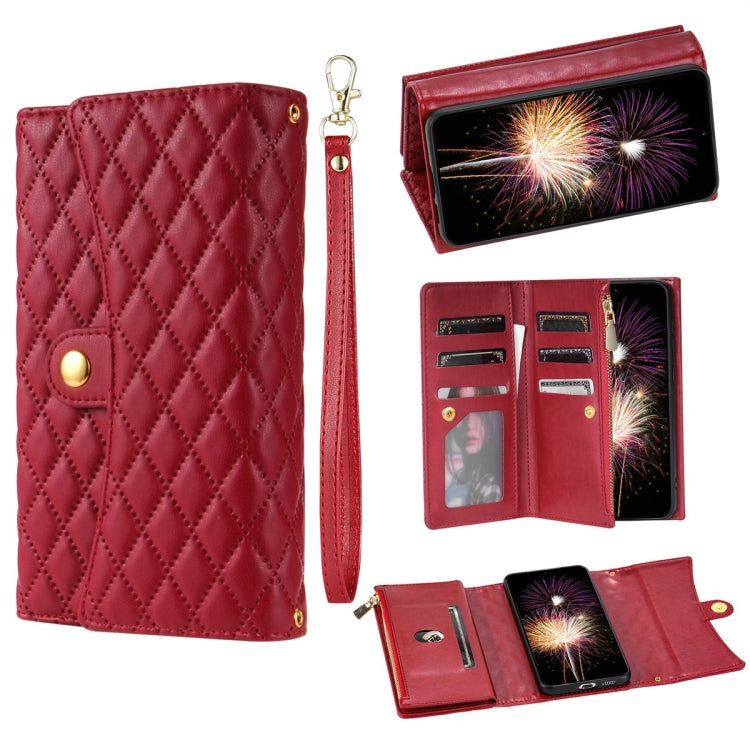 For Google Pixel 7 Pro Zipper Multi-Card Wallet Rhombic Leather Phone Case(Red)