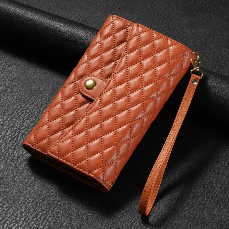 For Google Pixel 7 Pro Zipper Multi-Card Wallet Rhombic Leather Phone Case(Brown)