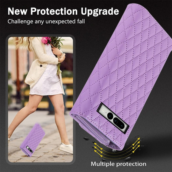 For Google Pixel 7a Zipper Multi-Card Wallet Rhombic Leather Phone Case(Purple)