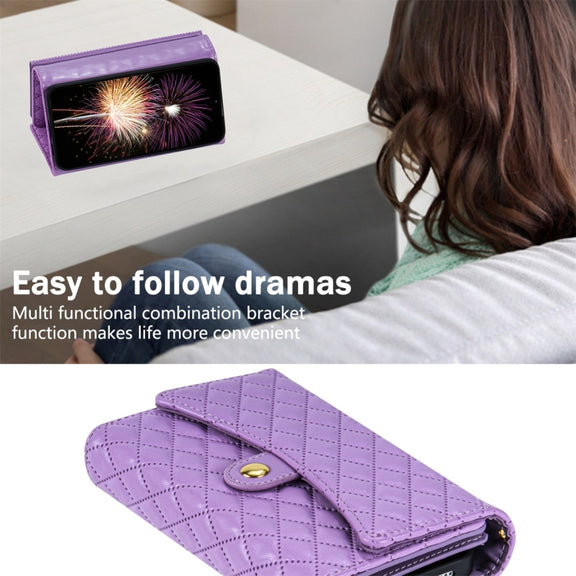 For Google Pixel 7a Zipper Multi-Card Wallet Rhombic Leather Phone Case(Purple)