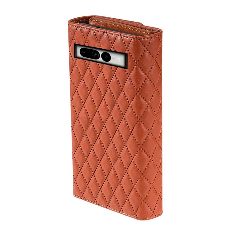 For Google Pixel 7a Zipper Multi-Card Wallet Rhombic Leather Phone Case(Brown)