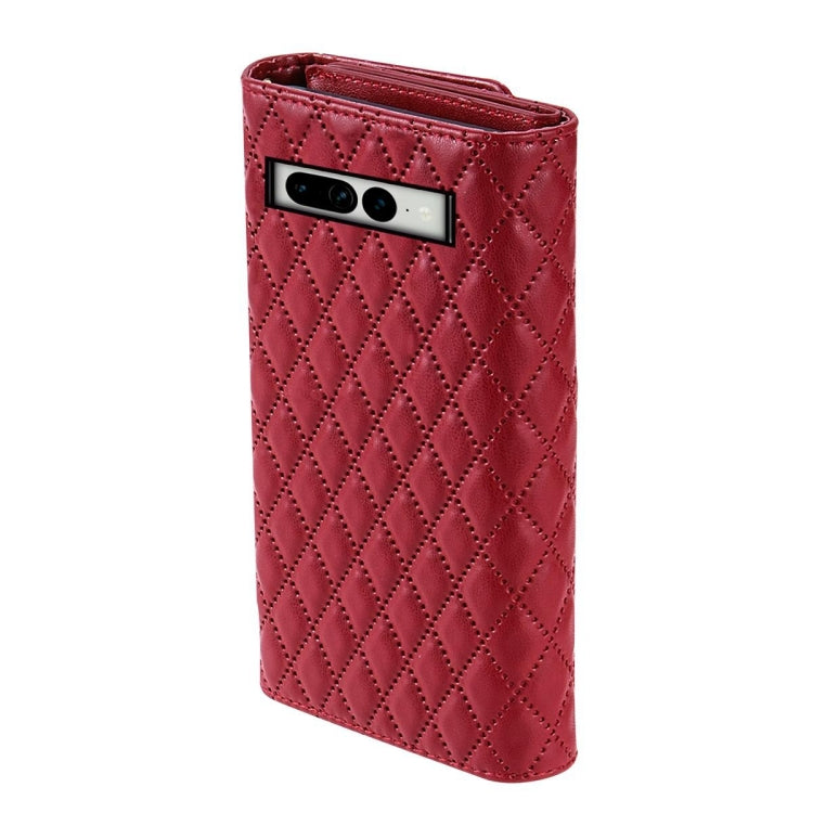For Google Pixel 6 Zipper Multi-Card Wallet Rhombic Leather Phone Case(Red)