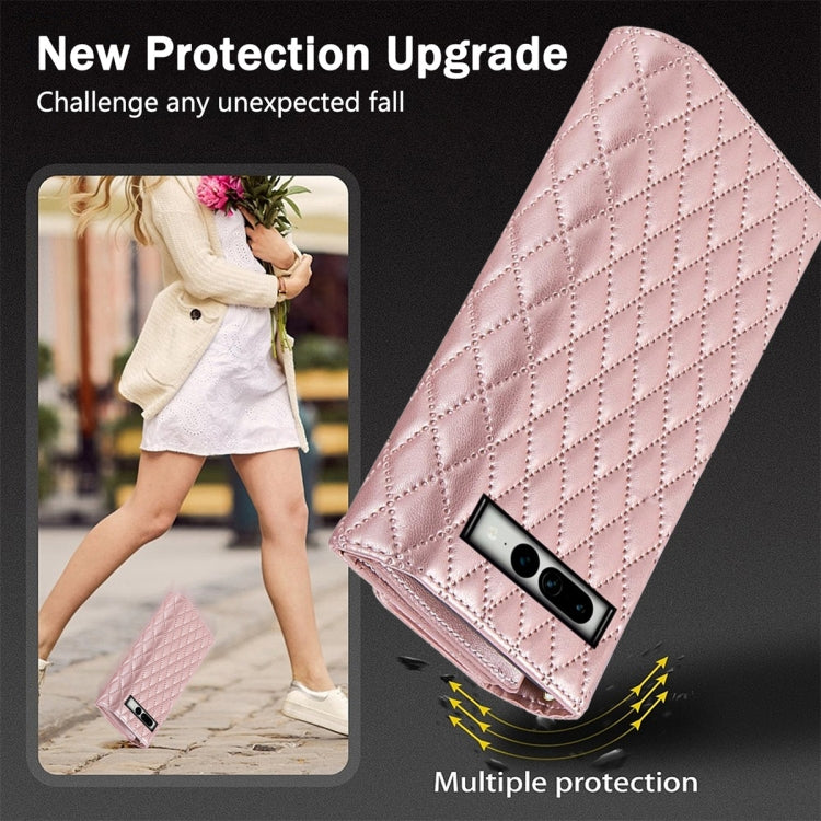 For Google Pixel 6 Zipper Multi-Card Wallet Rhombic Leather Phone Case(Rose Gold)