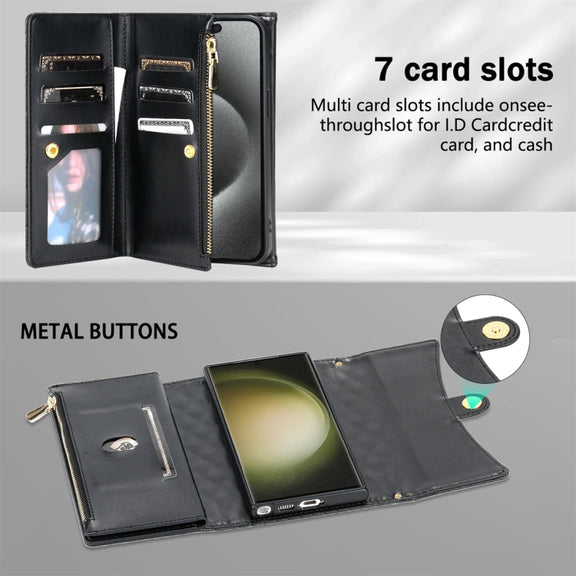 For Samsung Galaxy S24 Ultra 5G Zipper Multi-Card Wallet Rhombic Leather Phone Case(Black)