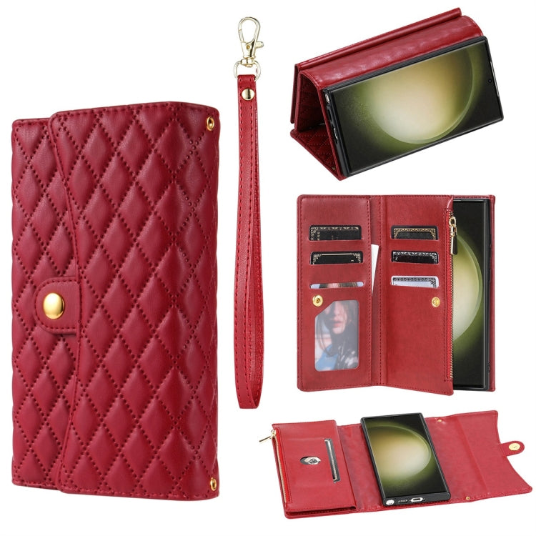 For Samsung Galaxy S24 Ultra 5G Zipper Multi-Card Wallet Rhombic Leather Phone Case(Red)