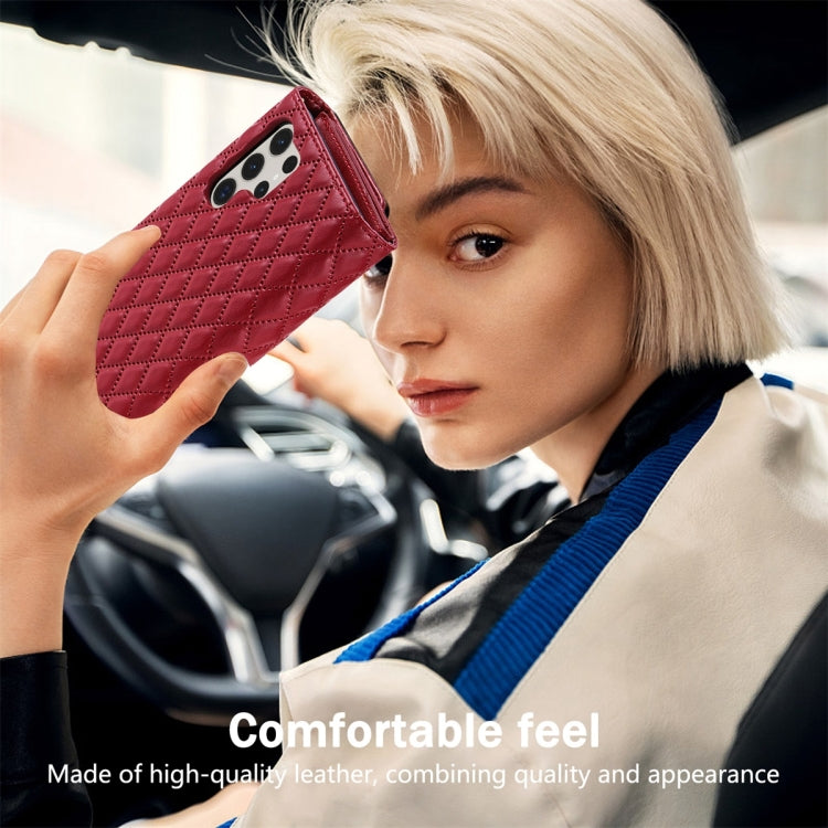 For Samsung Galaxy S24 Ultra 5G Zipper Multi-Card Wallet Rhombic Leather Phone Case(Red)