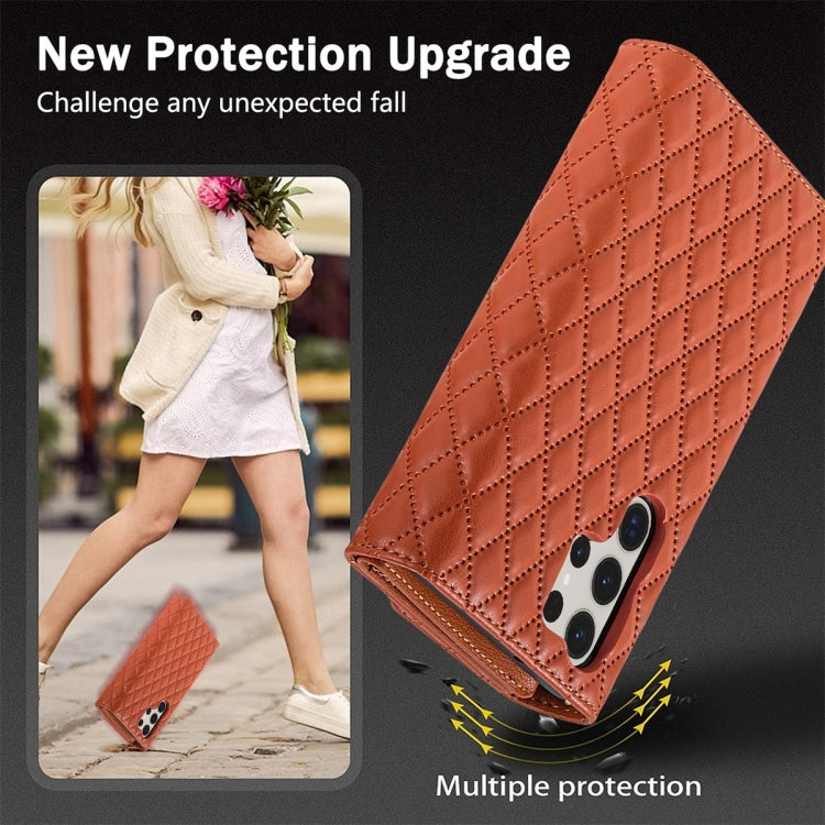 For Samsung Galaxy S24 Ultra 5G Zipper Multi-Card Wallet Rhombic Leather Phone Case(Brown)
