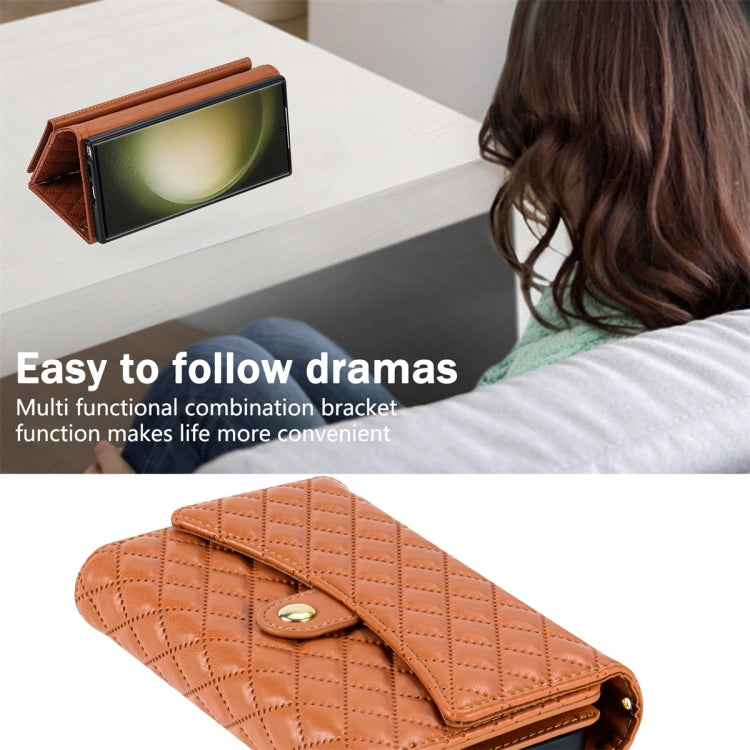 For Samsung Galaxy S24 Ultra 5G Zipper Multi-Card Wallet Rhombic Leather Phone Case(Brown)