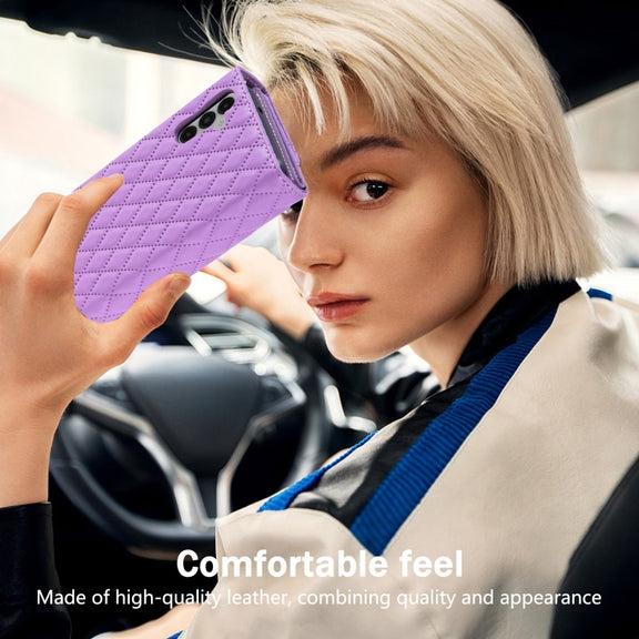 For Samsung Galaxy S24+ 5G Zipper Multi-Card Wallet Rhombic Leather Phone Case(Purple)