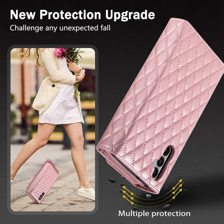 For Samsung Galaxy S24+ 5G Zipper Multi-Card Wallet Rhombic Leather Phone Case(Rose Gold)