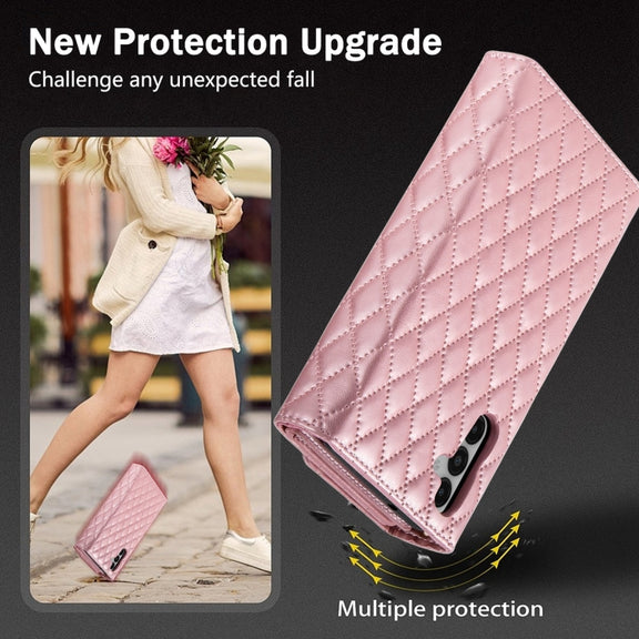 For Samsung Galaxy S24+ 5G Zipper Multi-Card Wallet Rhombic Leather Phone Case(Rose Gold)