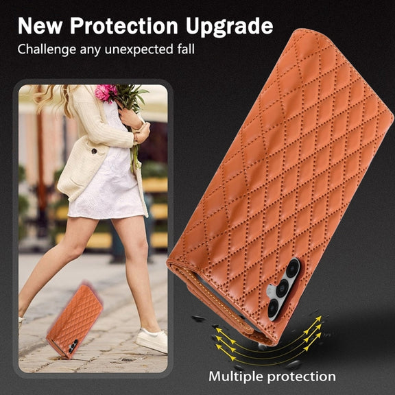 For Samsung Galaxy S24+ 5G Zipper Multi-Card Wallet Rhombic Leather Phone Case(Brown)